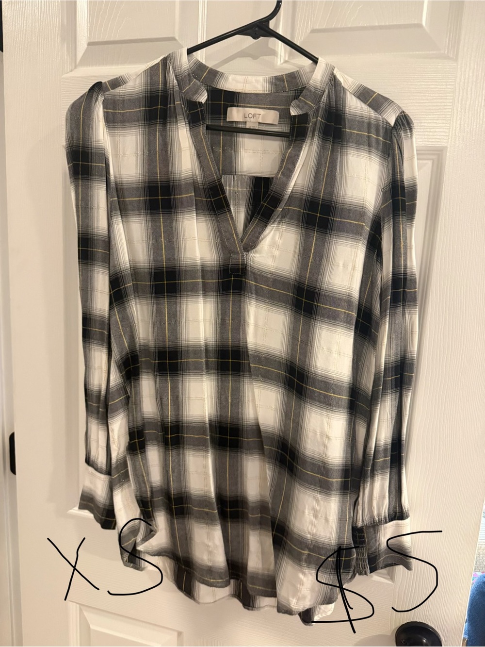 LOFT Black, White and Gray Plaid Split-Neck Blouse